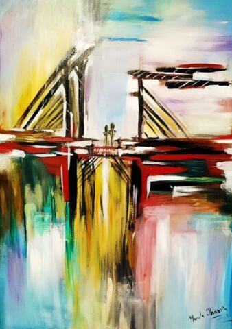 “Bridge of Eternity” – Original acrylic painting on gallery-wrapped canvas by Mamta Jharia (80x60 cm). A symbolic abstract expressionist artwork featuring a mirrored bridge in gold, red, and blue, representing timeless human connection and emotional duality.