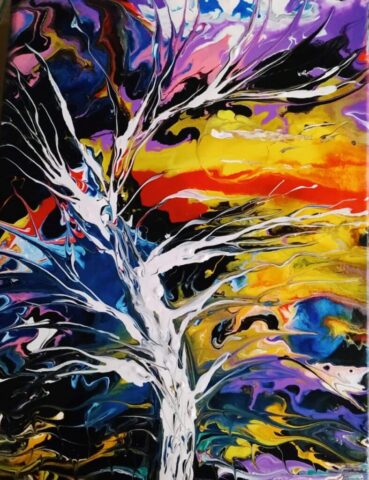 “Intencity” – Original 30x40 cm acrylic painting on gallery-wrapped canvas by Mamta Jharia. Features a bold white tree against a swirling storm of crimson, yellow, blue, and black. A powerful abstract artwork symbolizing emotional intensity and inner fire.