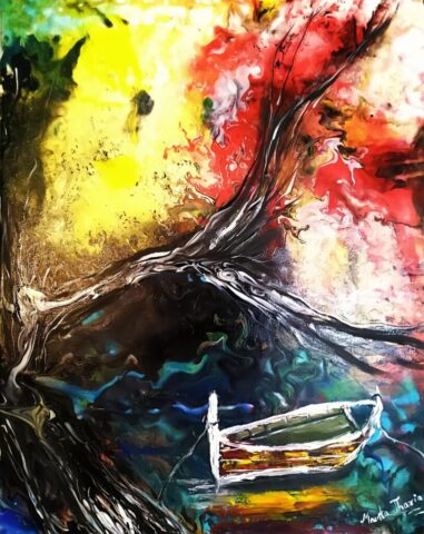 “Promised Land” – Original 30x40 cm acrylic painting on gallery-wrapped canvas by Mamta Jharia. Features a solitary boat beneath a golden, fiery sky and protective tree branches. A symbolic scene of arrival, hope, and emotional transformation.