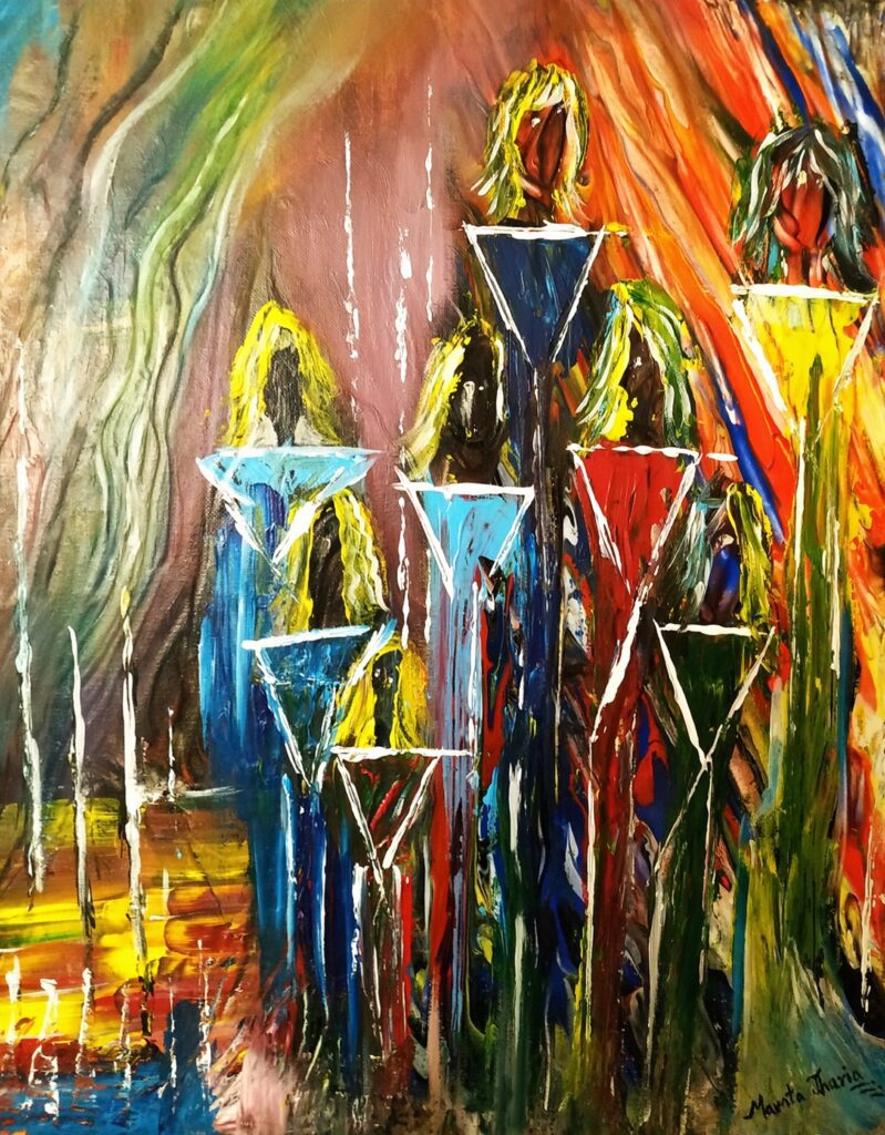 “Womanhood” – Original 30x40 cm acrylic painting on gallery-wrapped canvas by Mamta Jharia. A symbolic, abstract celebration of feminine strength, featuring layered figures in deep blues, reds, and golds. Expresses identity, resilience, and emotional transformation.