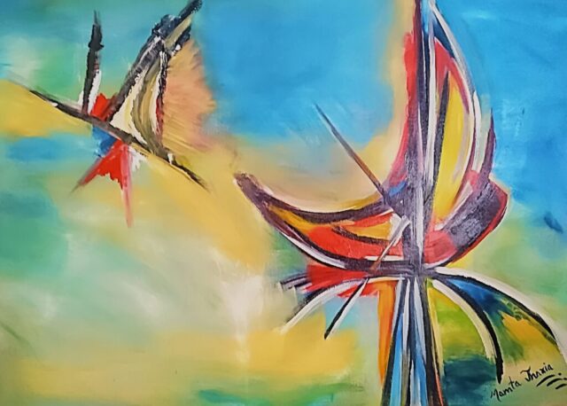 “Boat of Life” – Original 50x70 cm acrylic painting on gallery-wrapped canvas by Mamta Jharia. Features two abstract sailboats navigating a sea of turquoise, crimson, and gold. A symbolic expression of resilience, movement, and personal journey.