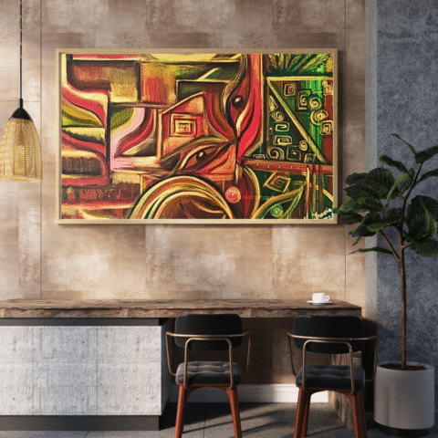 “Soothing” – Original 50x70 cm acrylic painting on gallery-wrapped canvas by Mamta Jharia. Features earthy tones, symbolic architecture, and abstract forms blending forest green, ochre, and terracotta. A meditative composition of peace, balance, and inner calm.