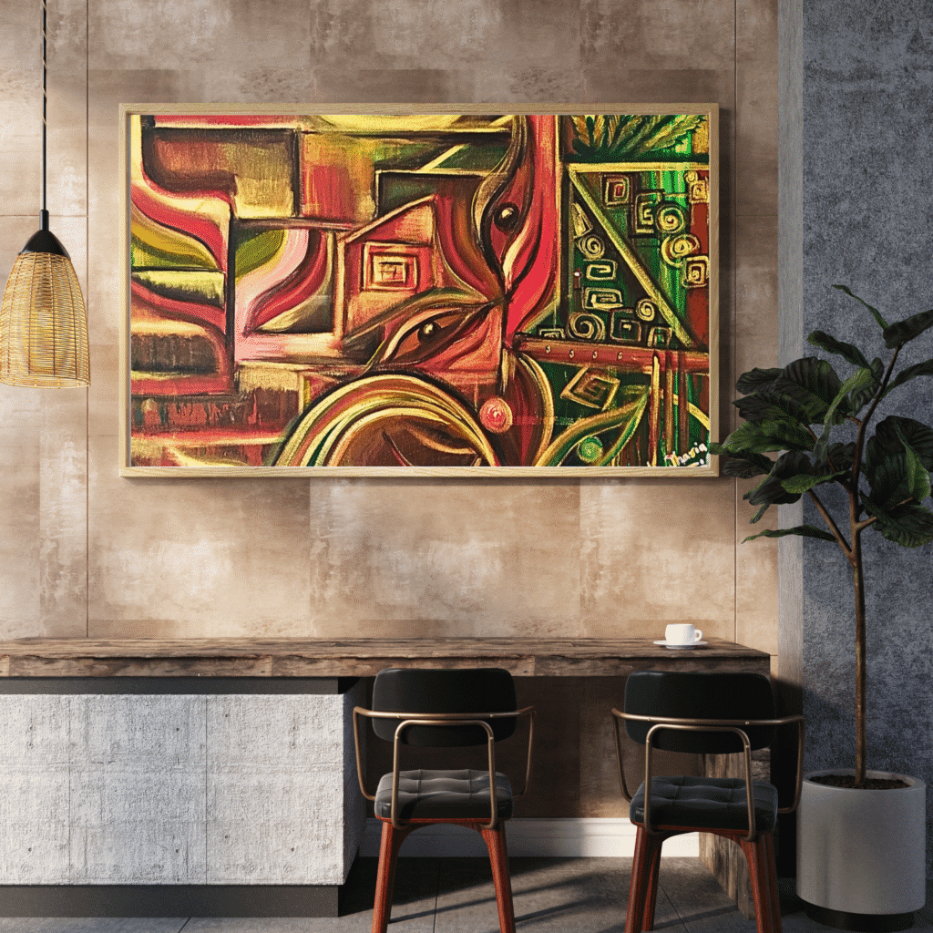 “Soothing” – Original 50x70 cm acrylic painting on gallery-wrapped canvas by Mamta Jharia. Features earthy tones, symbolic architecture, and abstract forms blending forest green, ochre, and terracotta. A meditative composition of peace, balance, and inner calm.