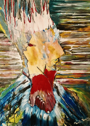 “We” – Original 50x70 cm acrylic painting on gallery-wrapped canvas by Mamta Jharia. Features two crimson hands clasped in unity amid abstract swirls of gold, sky, and earth. A symbolic expression of connection, resilience, and togetherness.