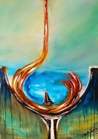 “Ride the Wave” – Original 50x70 cm acrylic painting on canvas by Mamta Jharia. Features a surreal abstract wave with copper, gold, and ocean blues, carrying a lone sailboat through emotion and motion. Symbolic artwork about surrender, trust, and personal journey.