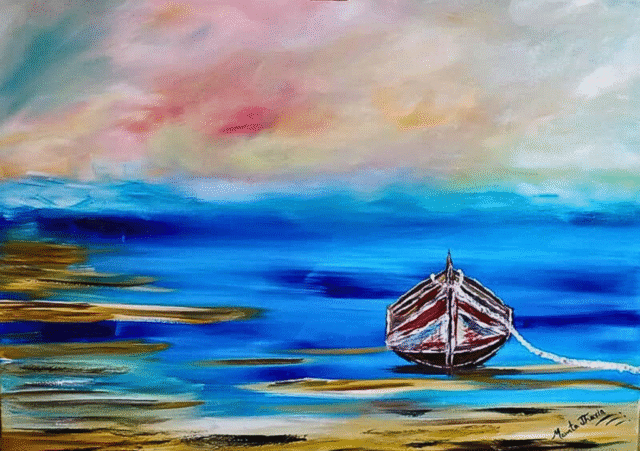 “Anchored in Light” – Original acrylic painting by Mamta Jharia (50x70 cm) on gallery-wrapped canvas. Serene abstract coastal scene with a grounded boat, painted in golden light, soft blues, and sunset tones — evoking calm, stillness, and reflection.