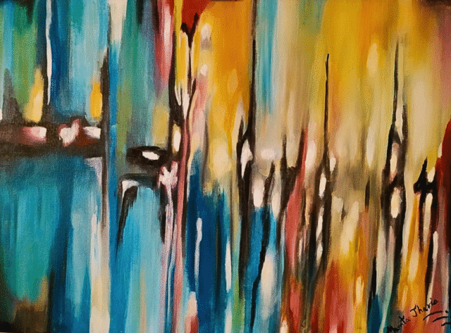 “Interconnection” – Original abstract acrylic painting by Mamta Jharia (50x70 cm) on gallery-wrapped canvas. Vibrant strokes of turquoise, crimson, and gold blend in vertical pulses, symbolizing the unseen threads of unity and emotional connection.
