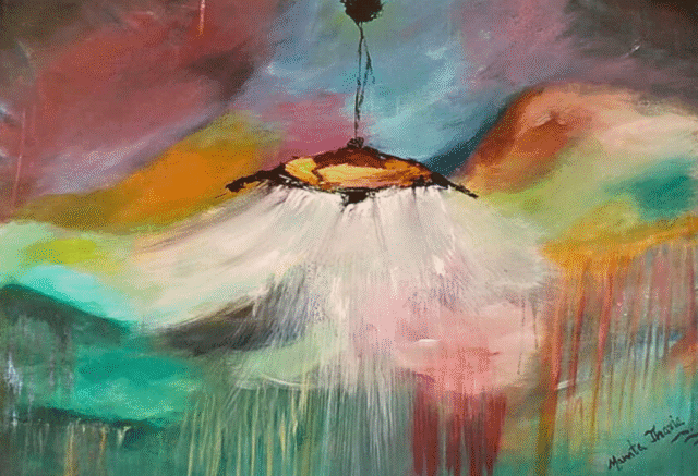 “Unhidden Lamp” – Original 50x70 cm acrylic painting on gallery-wrapped canvas by Mamta Jharia. Features a glowing abstract lamp in radiant oranges and golds, set against a surreal backdrop of teals, pinks, and indigo. Symbolic artwork of light, clarity, and self-expression