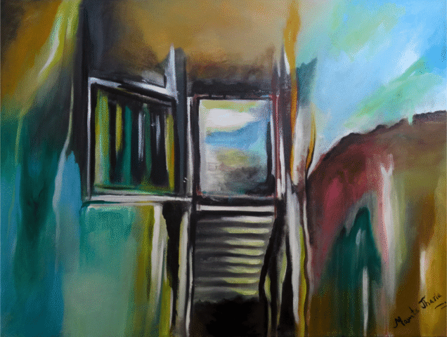 Freedom painting – abstract acrylic artwork on canvas (60x80 cm) by Mamta Jharia, featuring a symbolic staircase leading to light. Emotional, spiritual, and modern wall art for personal transformation and contemplation.