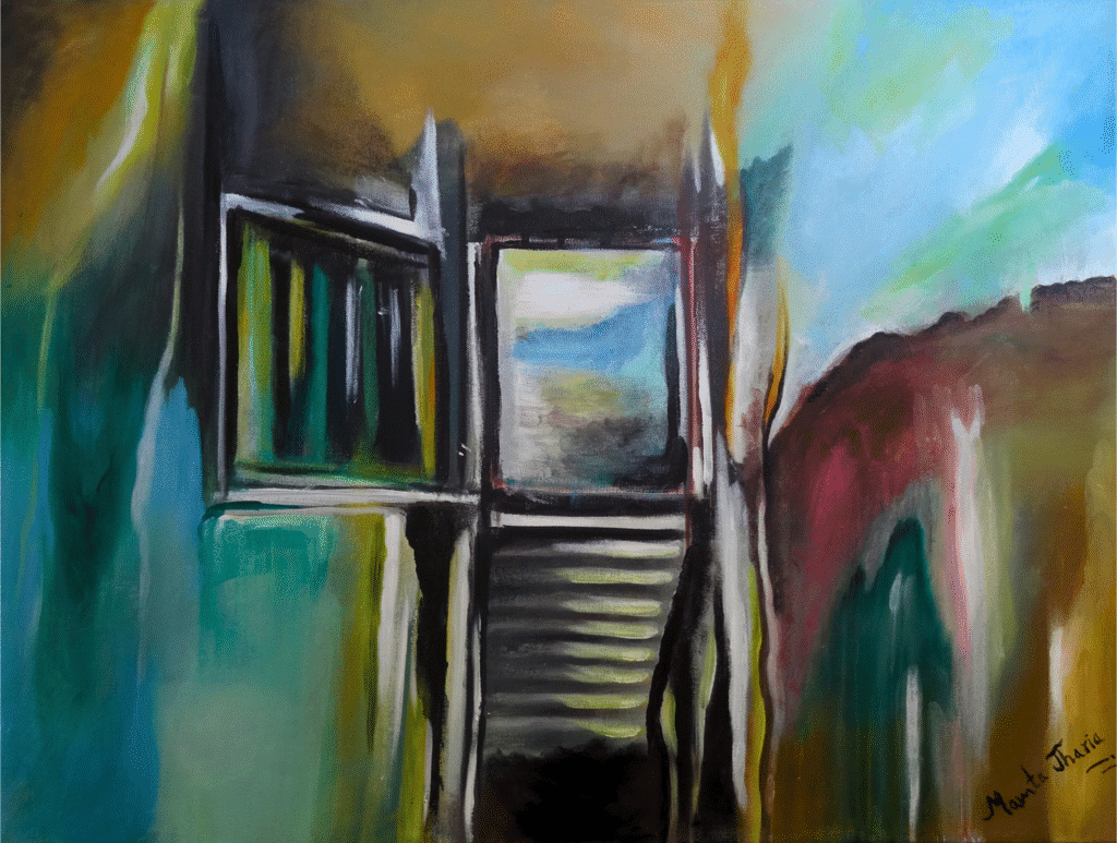 Freedom painting – abstract acrylic artwork on canvas (60x80 cm) by Mamta Jharia, featuring a symbolic staircase leading to light. Emotional, spiritual, and modern wall art for personal transformation and contemplation.