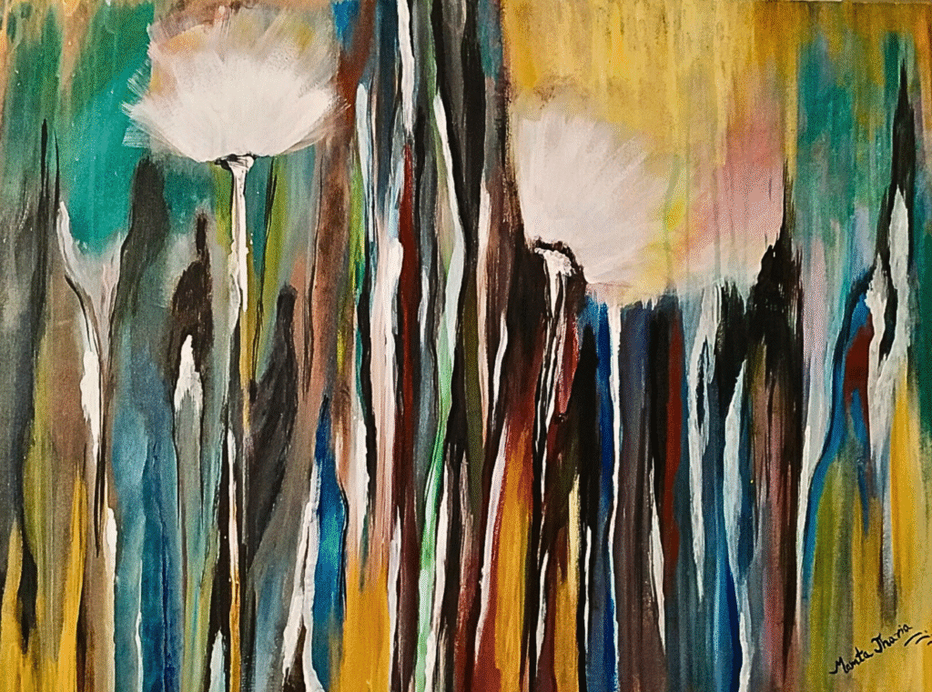 Blossom painting – original abstract floral acrylic artwork on canvas (60x80 cm) by Mamta Jharia, featuring white flowers on vibrant earthy tones. Contemporary nature-inspired wall art for modern interiors.