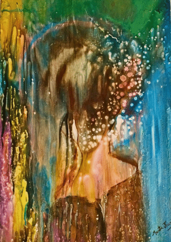 Dream Girl – abstract figurative acrylic painting on canvas (50x70 cm) by Mamta Jharia featuring a feminine silhouette in deep purples, golds, and blues. Mystical expressive wall art for modern interiors.