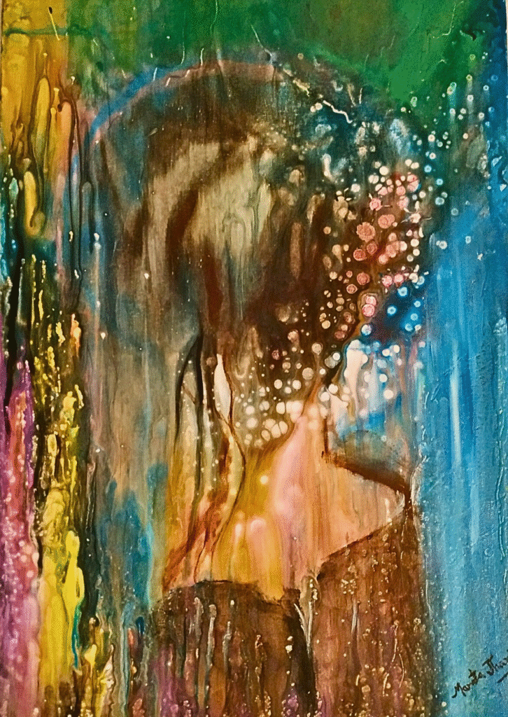 Dream Girl – abstract figurative acrylic painting on canvas (50x70 cm) by Mamta Jharia featuring a feminine silhouette in deep purples, golds, and blues. Mystical expressive wall art for modern interiors.