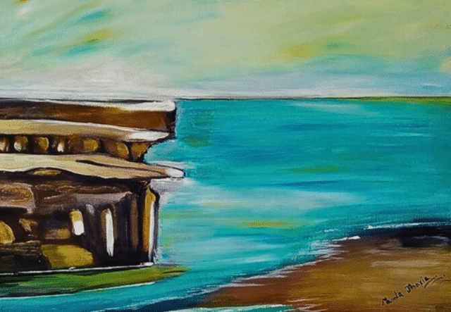 Whispers of the Coast – abstract coastal acrylic painting on canvas (50x70 cm) by Mamta Jharia, featuring sandstone cliffs, glistening sea, and impressionist textures. Serene ocean-inspired wall art.