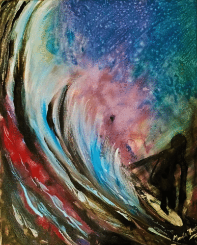 Horse Spirit – original acrylic painting on canvas (40x50 cm) by Mamta Jharia featuring abstract rider and horse in motion. Bold expressionist art with fiery reds and deep blues, symbolizing energy and freedom.