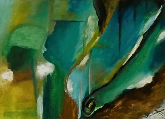 “Vibe” – Original 50x70 cm abstract acrylic painting on canvas by Mamta Jharia. Features flowing greens, teals, and amber tones in an emotional, intuitive composition symbolizing energy, movement, and inner rhythm.
