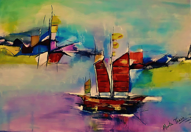 Abstract sailboat painting titled "Whispers of the Horizon" – original 50x70 cm acrylic artwork on canvas by Mamta Jharia, featuring dreamy seascape with lavender, gold, and azure tones, symbolizing freedom and peaceful journey.