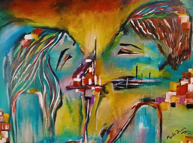Abstract acrylic painting of two stylized faces in profile, facing each other in vibrant colors.