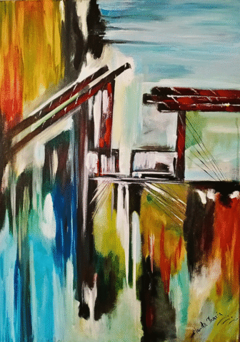 “Bridge of Opportunity” – Original 50x70 cm abstract acrylic painting on gallery-wrapped canvas by Mamta Jharia. Features bold red and blue lines forming a symbolic bridge of transition, courage, and possibility. Contemporary art with architectural symbolism.