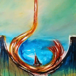 Original abstract ocean acrylic painting with sailboat Ride the Wave by Mamta Jharia