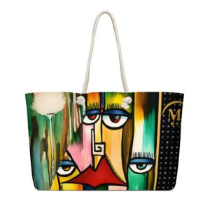 Minimalist line face weekender bag with abstract art design by Mamta Jharia