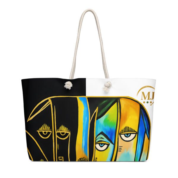 Oversized Weekender Bag - Golden Gaze Linear Expression Art | Minimalist Gold Line Faces on Bold Contrast