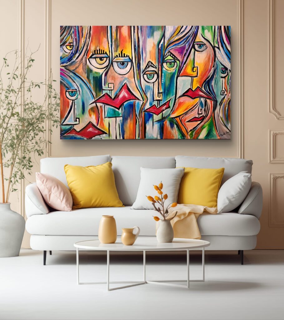 Colorful abstract faces on wall