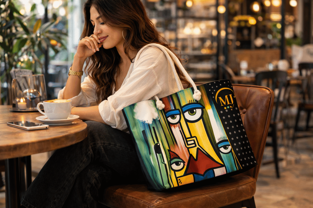 how to style a printed tote bag neutral minimalist outfit