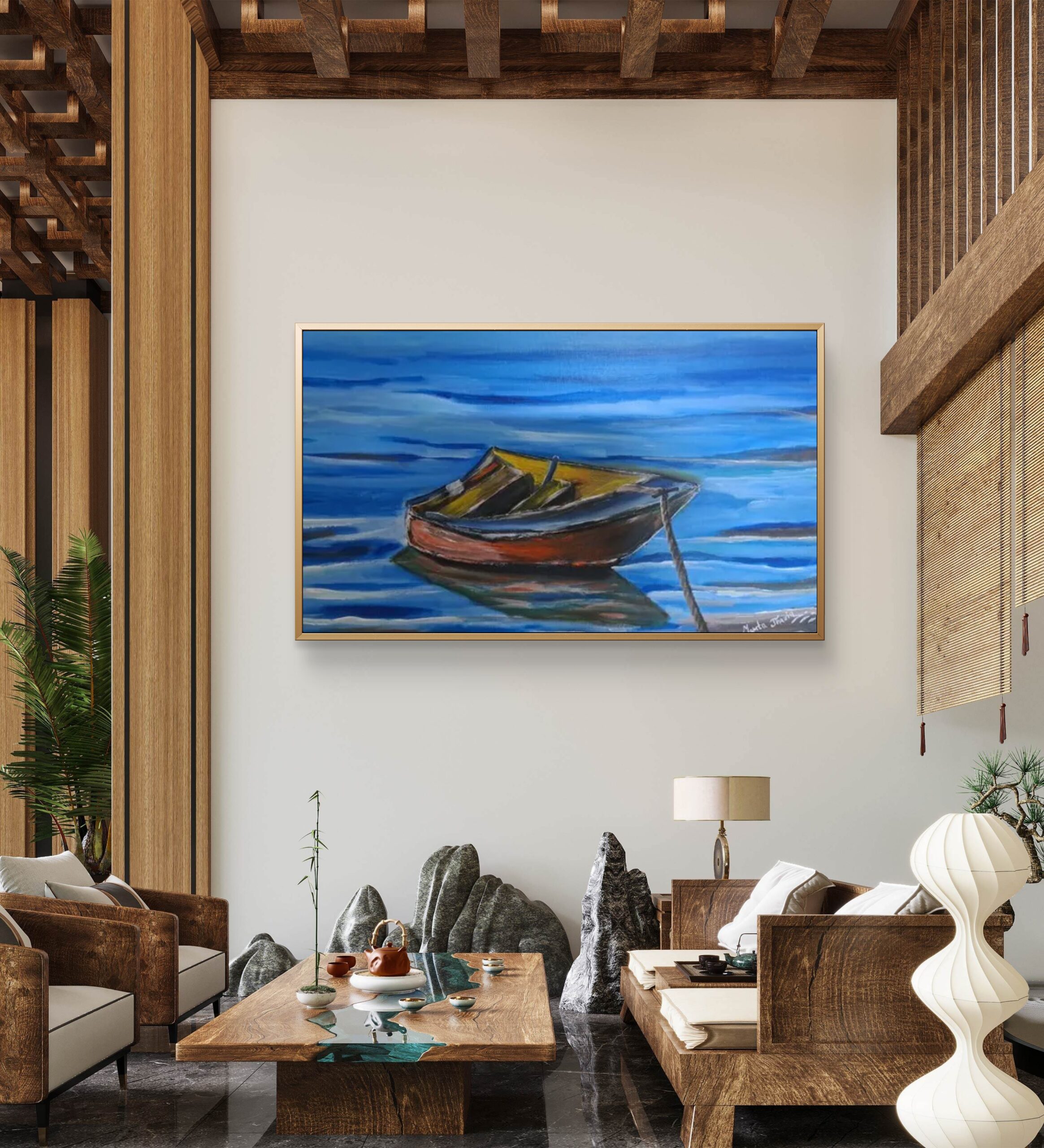 Large blue abstract canvas for coastal Italian home decor