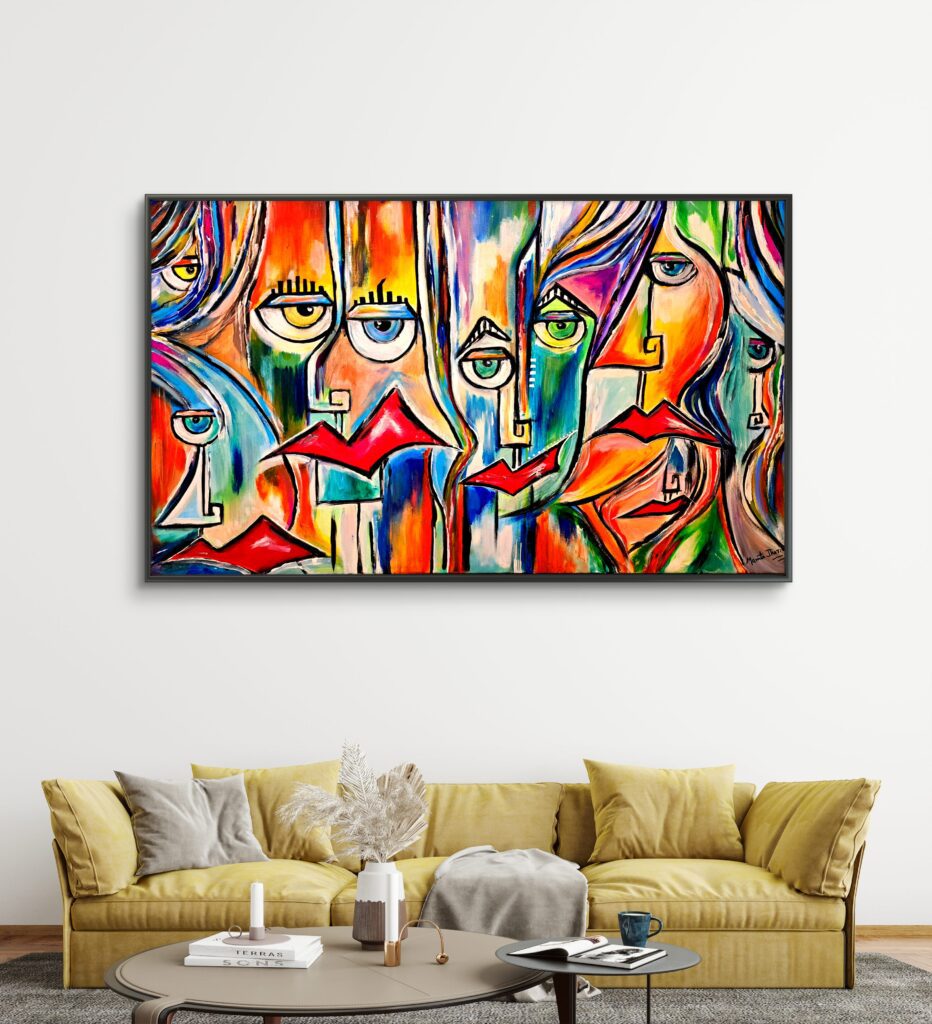 affordable wall art styled above living room sofa