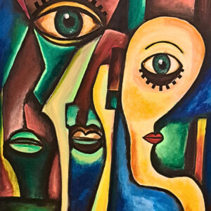 Original two figure painting for sale, Between Two Silences by Mamta Jharia, with fragmented geometric faces and expressive eyes in green and blue.