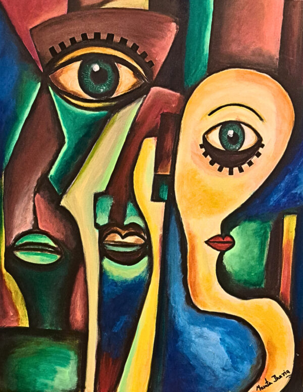Original two figure painting for sale, Between Two Silences by Mamta Jharia, with fragmented geometric faces and expressive eyes in green and blue.