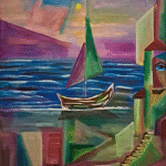 Original sailboat painting for sale, Beyond the Last Shore by Mamta Jharia, featuring a blue sea, sailing boat, geometric coast and fragmented face.