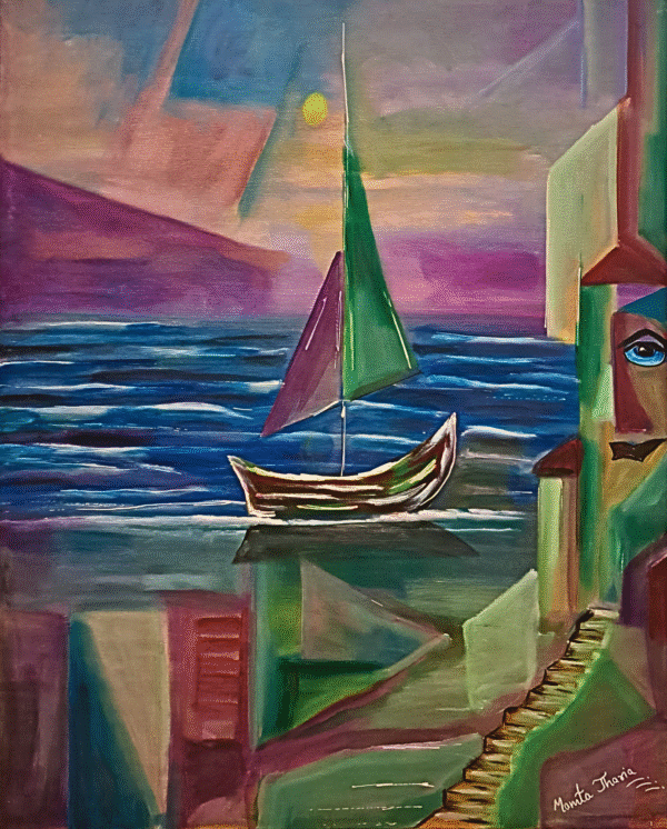 Original sailboat painting for sale, Beyond the Last Shore by Mamta Jharia, featuring a blue sea, sailing boat, geometric coast and fragmented face.
