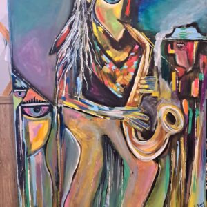 Original saxophone painting for sale, Melody in Motion II – Echoes of Blue by Mamta Jharia, showing two stylised musicians in blue and turquoise.