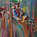 Original contemporary jazz musician painting Melody in Motion I – Rising Resonance by Mamta Jharia with three musicians and saxophones, 80 × 100 cm.