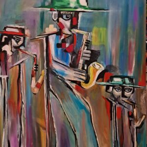 Original contemporary jazz musician painting Melody in Motion I – Rising Resonance by Mamta Jharia with three musicians and saxophones, 80 × 100 cm.