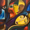 Expressive eyes figurative painting for sale, What the Eyes Cannot Hold by Mamta Jharia, with fragmented faces and a central figure with closed eyes.
