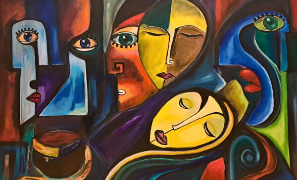 Expressive eyes figurative painting for sale, What the Eyes Cannot Hold by Mamta Jharia, with fragmented faces and a central figure with closed eyes.