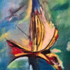 Original abstract sailboat painting for sale, Where the Wind Begins by Mamta Jharia, with a sail-like form in turquoise, blue, green, yellow and red.