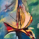 Original abstract sailboat painting for sale, Where the Wind Begins by Mamta Jharia, with a sail-like form in turquoise, blue, green, yellow and red.