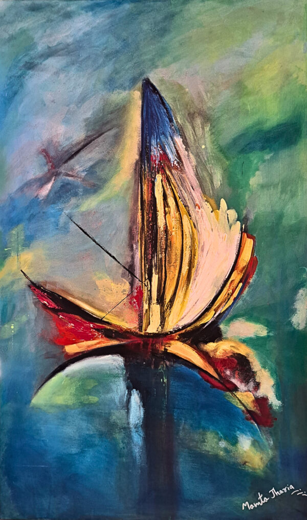 Original abstract sailboat painting for sale, Where the Wind Begins by Mamta Jharia, with a sail-like form in turquoise, blue, green, yellow and red.
