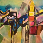 Original architectural eye painting for sale, Where the Eye Leads by Mamta Jharia, featuring a monumental eye, fragmented architecture and rising staircase.