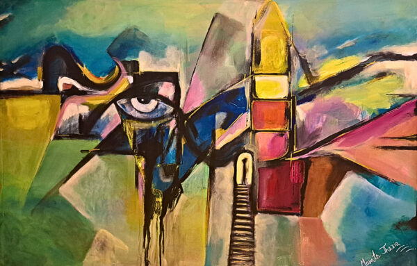 Original architectural eye painting for sale, Where the Eye Leads by Mamta Jharia, featuring a monumental eye, fragmented architecture and rising staircase.