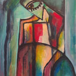 Original contemplative portrait painting for sale, Where Silence Bends by Mamta Jharia, featuring an inward-bending figure with a single expressive eye.