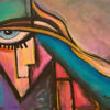Original eye portrait painting for sale, What the Gaze Conceals by Mamta Jharia, featuring a fragmented female face with one expressive blue eye.