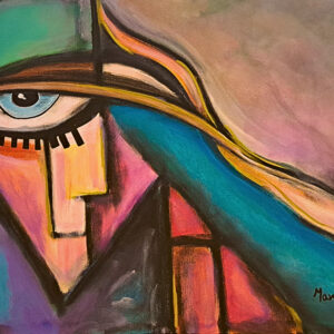Original eye portrait painting for sale, What the Gaze Conceals by Mamta Jharia, featuring a fragmented female face with one expressive blue eye.