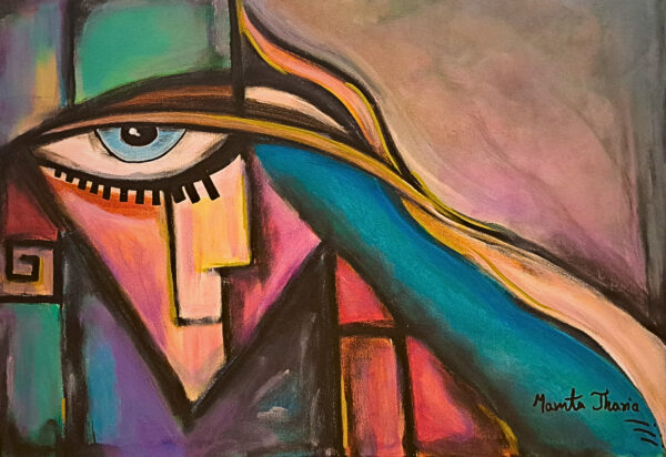 Original eye portrait painting for sale, What the Gaze Conceals by Mamta Jharia, featuring a fragmented female face with one expressive blue eye.