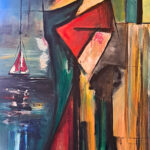 Original figurative journey painting for sale, The Distance Within by Mamta Jharia, with a stylized figure, distant sailboat and symbolic eye.