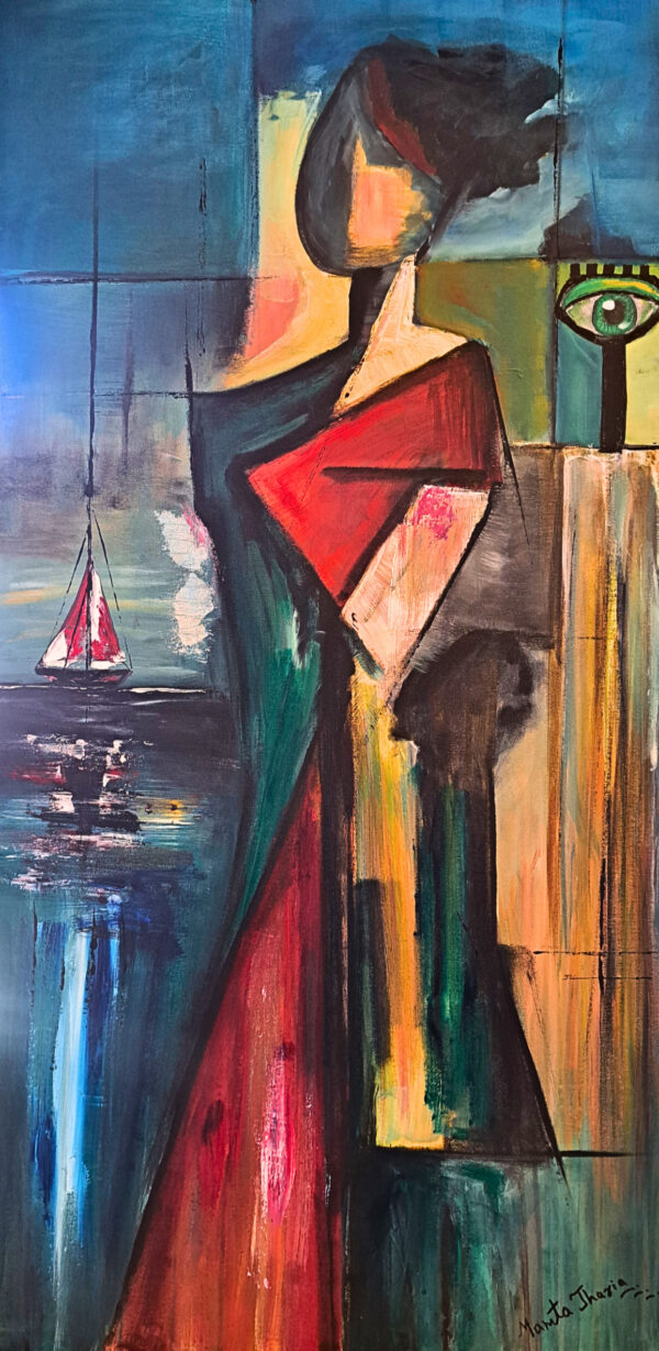 Original figurative journey painting for sale, The Distance Within by Mamta Jharia, with a stylized figure, distant sailboat and symbolic eye.
